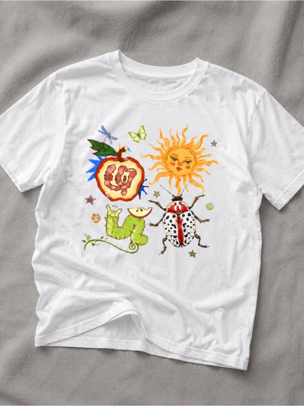 Gildan White Kids Graphic Tee with Sun, Ladybug & Caterpillar